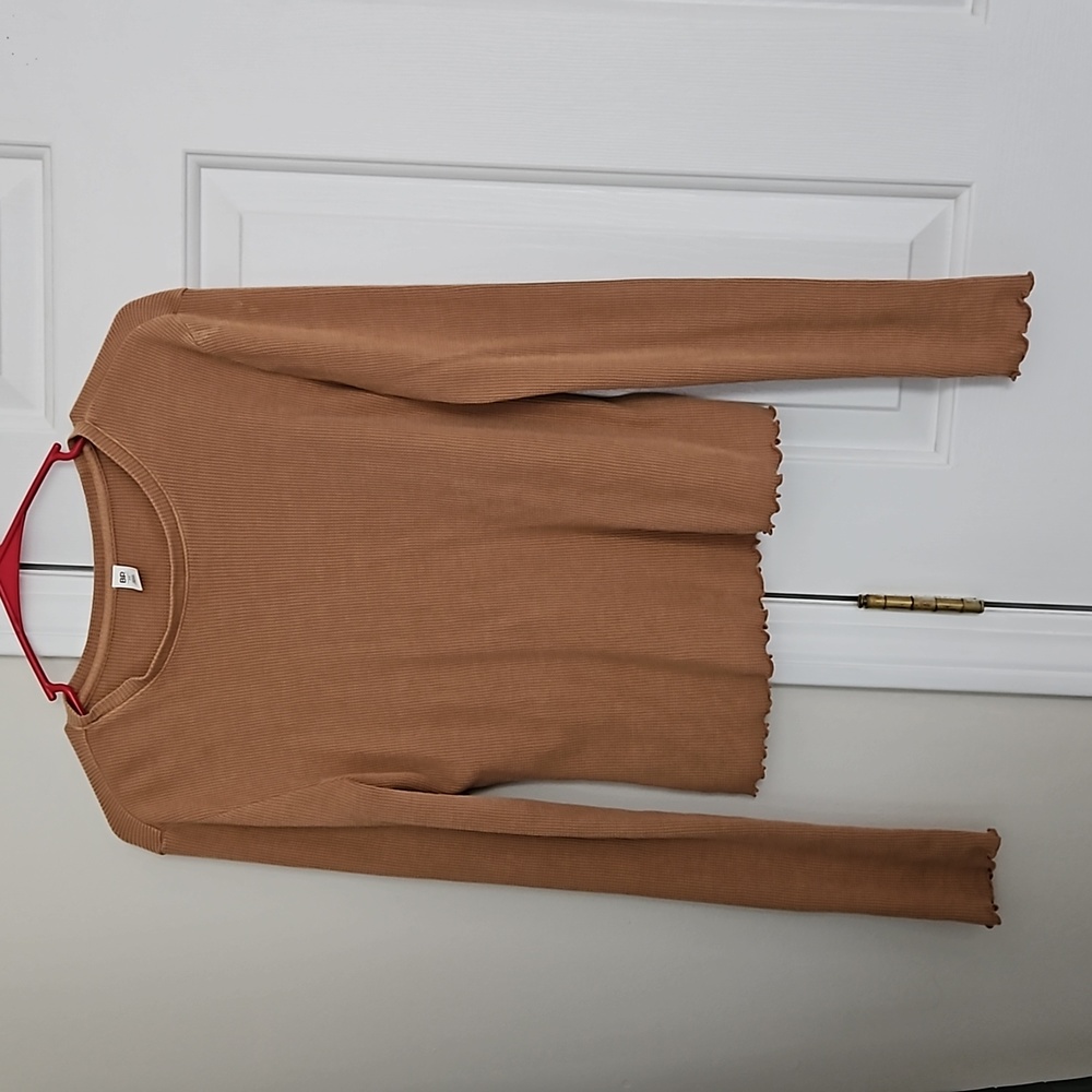 Nordstrom bp thermal waffle scalloped hem long sleeve top camel tan crop skim